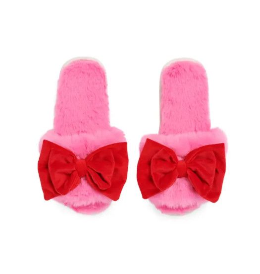 Noelle Slippers Pink + Red Bows, Size: S/M 7-8