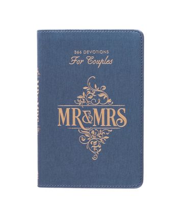 Devotional for Mr and Mrs in blue faux leather cover, inspirational couples devotional book for marriage