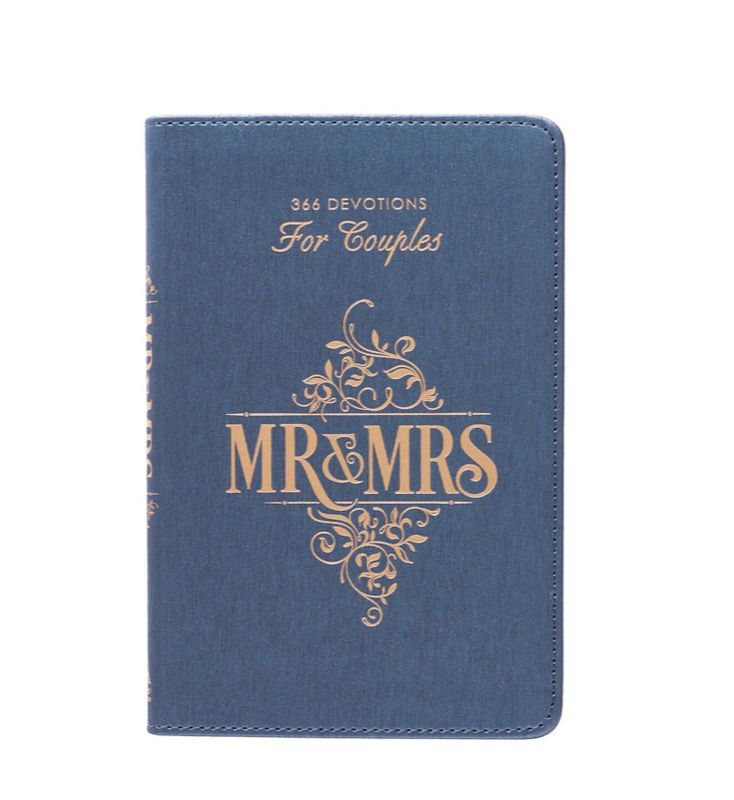 Devotional for Mr and Mrs in blue faux leather cover, inspirational couples devotional book for marriage