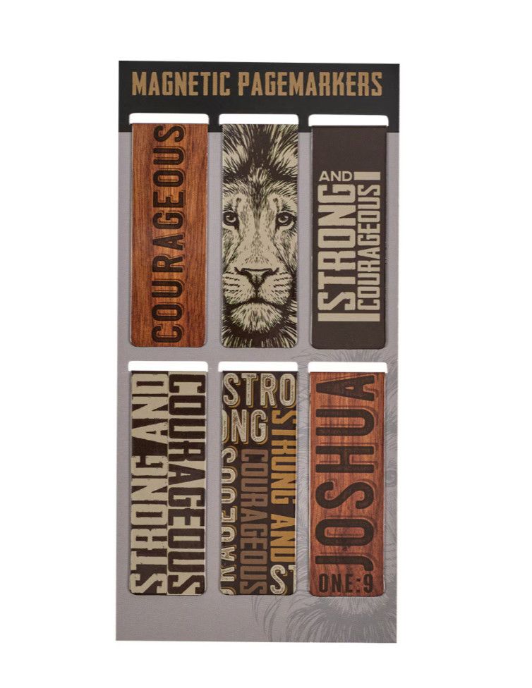Strong and Courageous magnetic bookmark set with inspirational design, durable fold-over magnets for books, planners etc