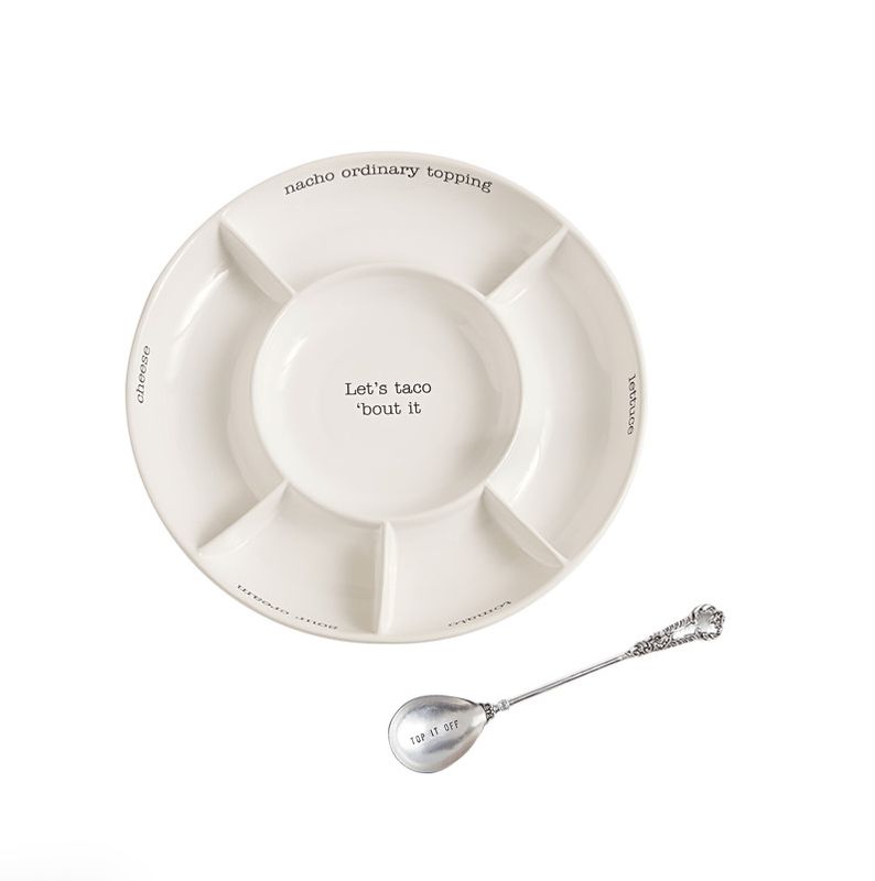 Let’s Taco ’Bout It taco bar set with serving trays and fun taco-themed design, perfect for parties and family meals