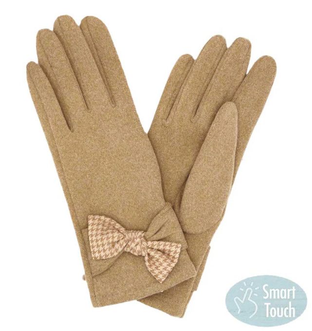 Houndstooth Bow Smart Gloves, Color: Taupe