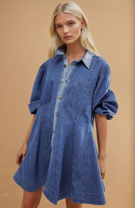 Button-down A-line denim dress with elasticated arm openings, casual and stylish dress for everyday wear or weekend outings