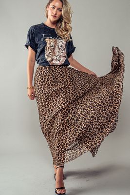 Flowy leopard print pleated maxi skirt with lightweight fabric, flattering high waist, and elegant movement