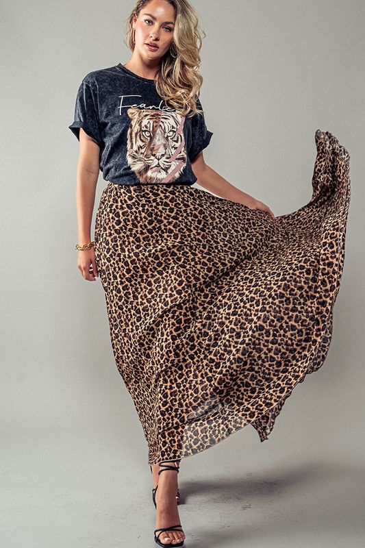 Flowy leopard print pleated maxi skirt with lightweight fabric, flattering high waist, and elegant movement