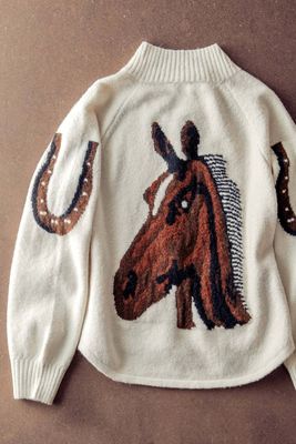 Western horse cardigan featuring cozy knit fabric with horse design, relaxed fit, and rustic western-inspired style
