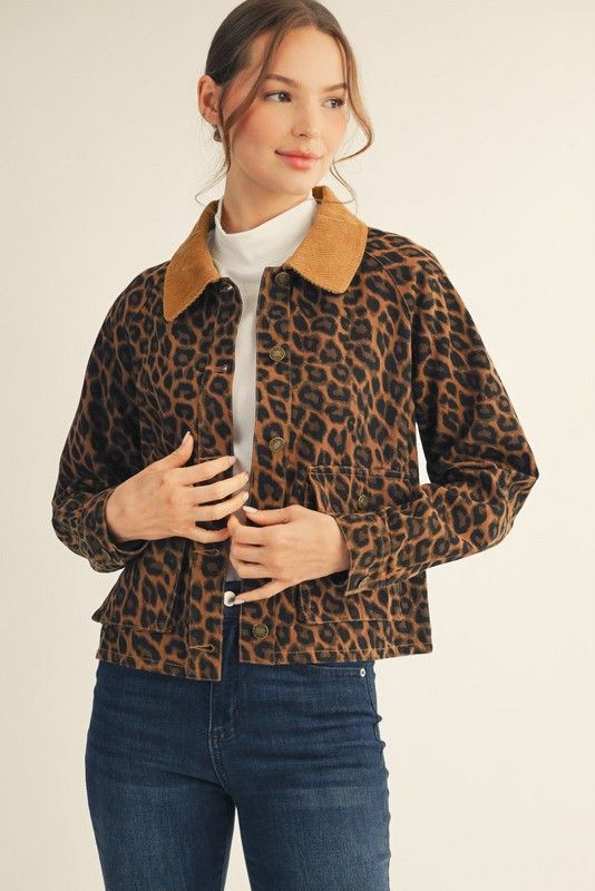 Corduroy contrast collared leopard barn jacket featuring a relaxed fit, durable fabric, and bold animal print style
