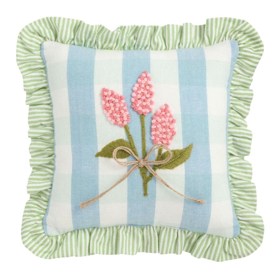 Blue Check Floral Embellished Pillow