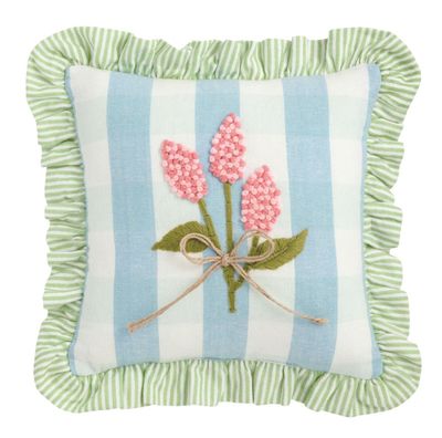 Blue Check Floral Embellished Pillow