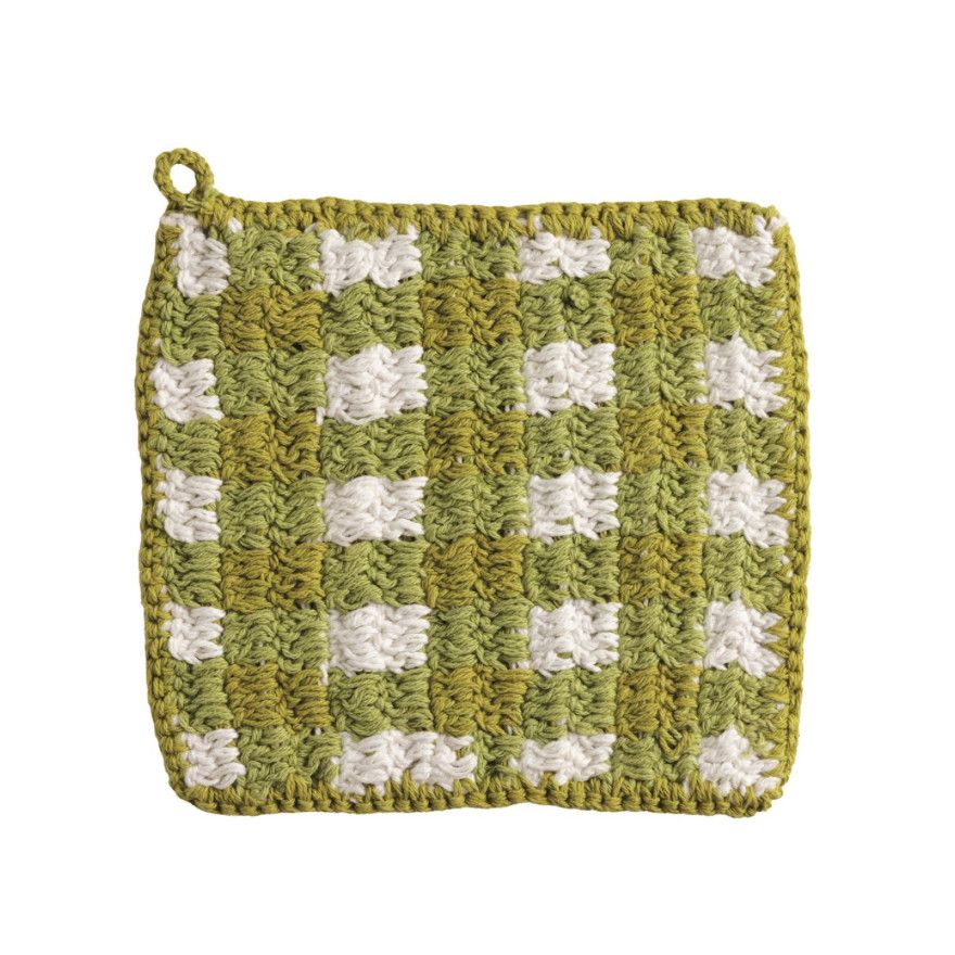 Green Check Crochet Pot Holder