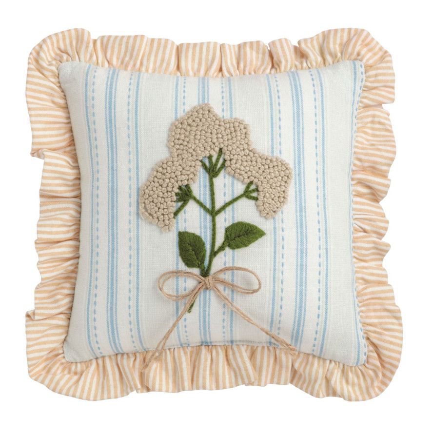 Blue Stripe Floral Embellished Pillow