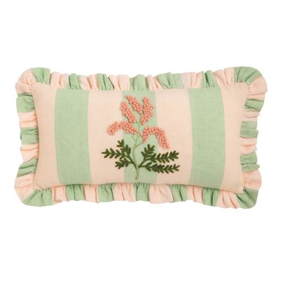 Green Stripe Floral Embellished Pillow