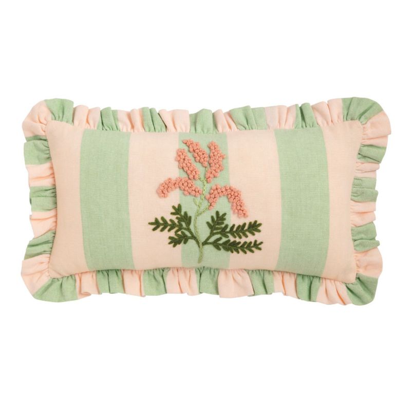 Green Stripe Floral Embellished Pillow