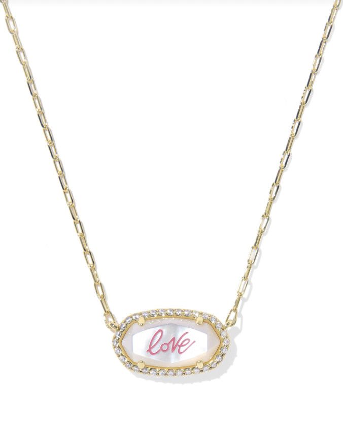 The Elisa Pave Frame Pendant Necklace in Gold Ivory Love Script