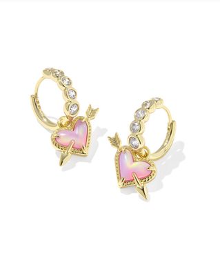 The Ari Heart Arrow Huggie Earring in Pink Opalescent Resin
