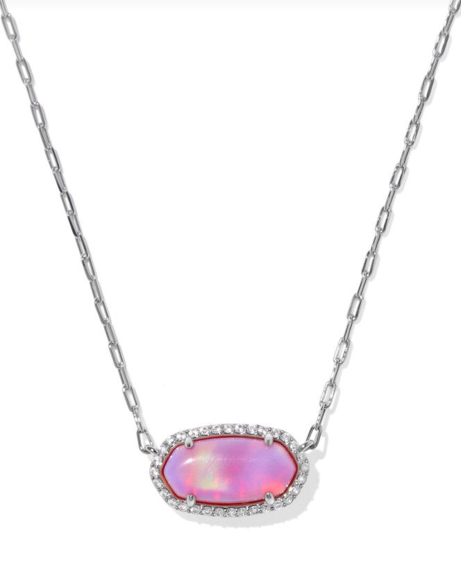 The Elisa Pave Frame Pendant Necklace in Pink Opalescent Resin, Color: Silver