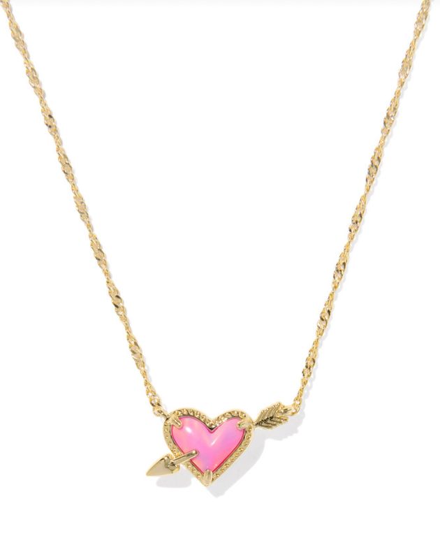 The Ari Heart Arrow Pendant Necklace in Pink Opalescent Resin