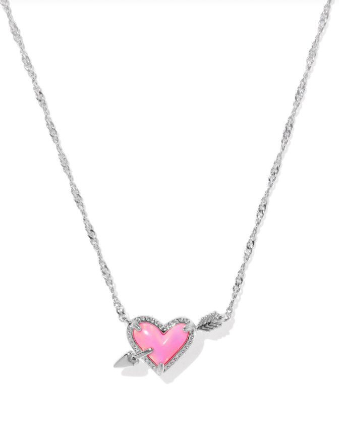 The Ari Heart Arrow Pendant Necklace in Pink Opalescent Resin, Color: Silver