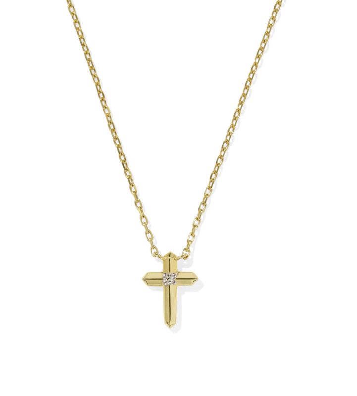Tiny Cross Pendant Necklace 14K Gold White Diamond
