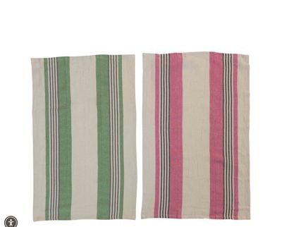 Woven Cotton Tea Towel Set of 2 Green &amp; Pink