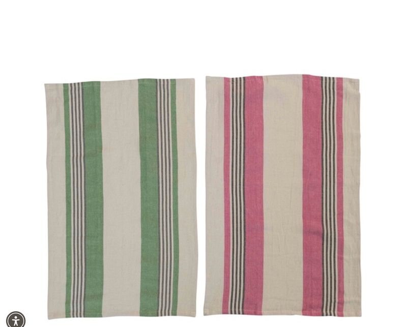 Woven Cotton Tea Towel Set of 2 Green &amp; Pink