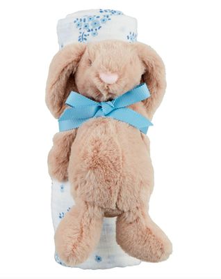 Blue Floral Swaddle with Bunny Rattle
