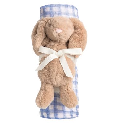 Blue Check Swaddle with Bunny Rattle