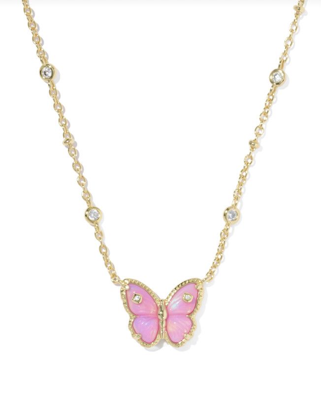 The Cailey Butterfly Pendant Necklace in Pink Opalescent Resin