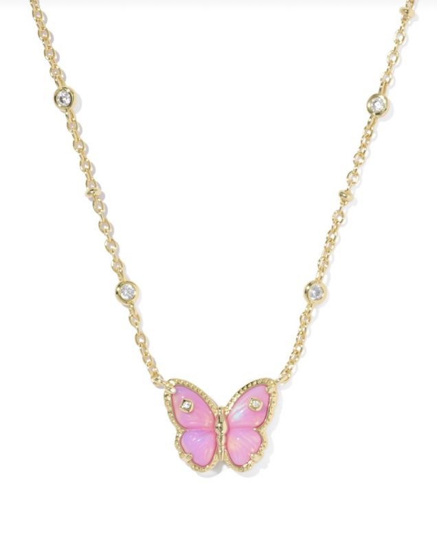 The Cailey Butterfly Pendant Necklace in Pink Opalescent Resin