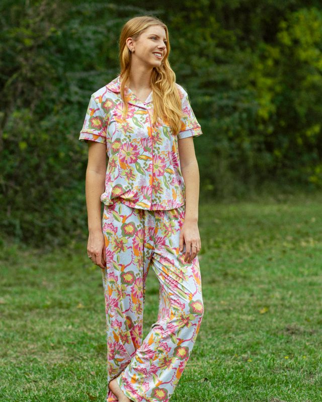 Summer Bouquet Short Sleeve Button Up Sleep Shirt