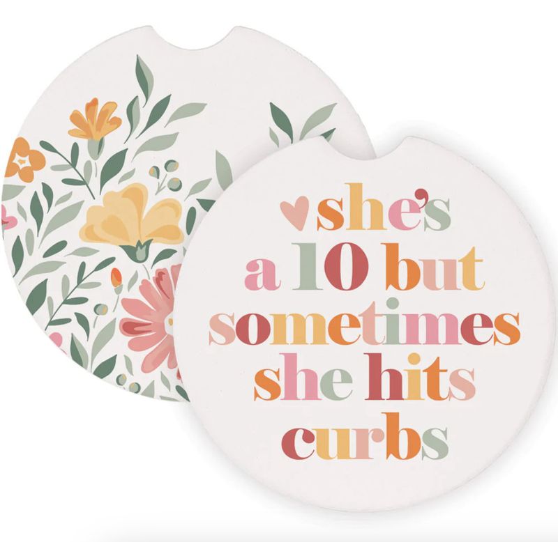 She Hits Curbs/Flowers Car Coaster Set