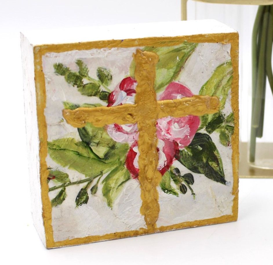 Hand Painted Floral Bouquet Cross Block