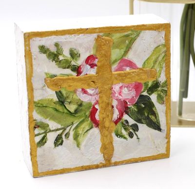 Hand Painted Floral Bouquet Cross Block