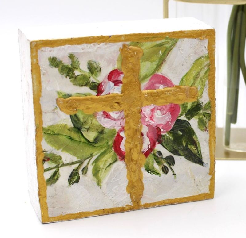 Hand Painted Floral Bouquet Cross Block