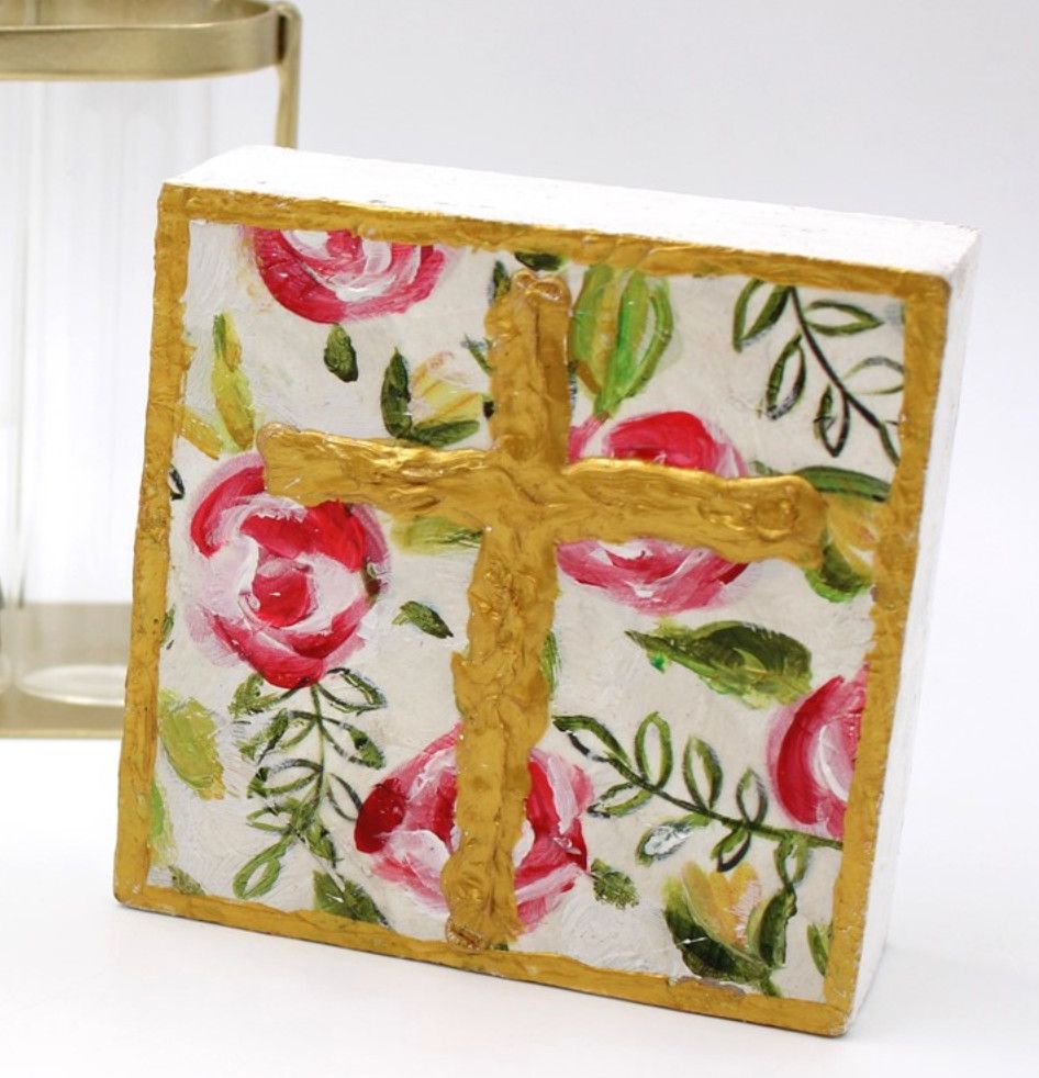 Hand Painted Scattered Floral Cross Block