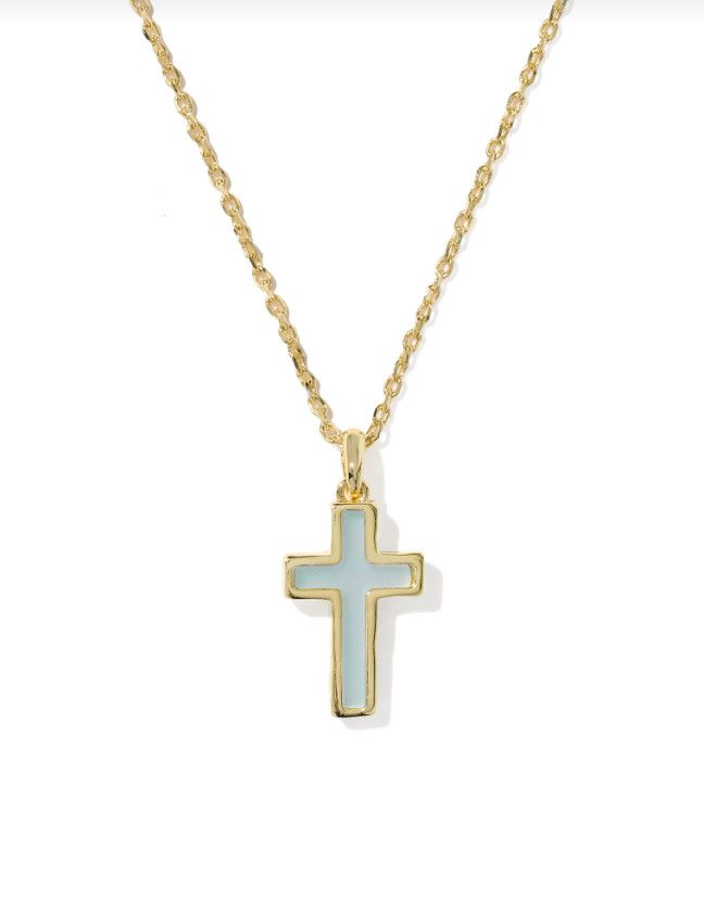 Cross Pendant Necklace in Gold Matte Light Blue
