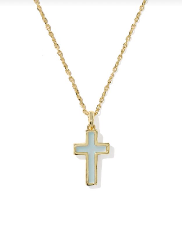 Cross Pendant Necklace in Gold Matte Light Blue