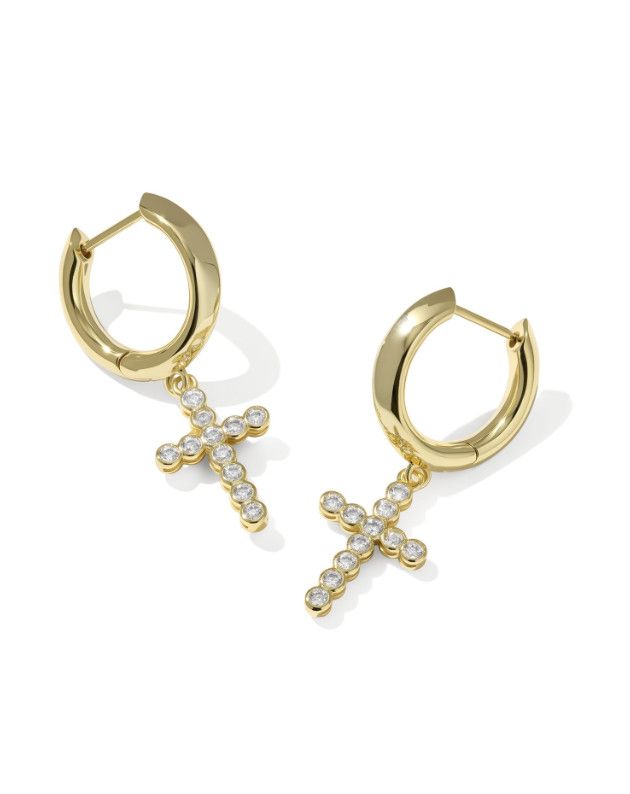 Cross Crystal Huggie Earrings, Color: Gold