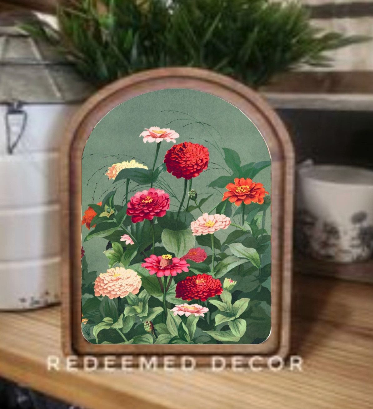 Arch Top Framed Art | Vintage Zinnias 6x8