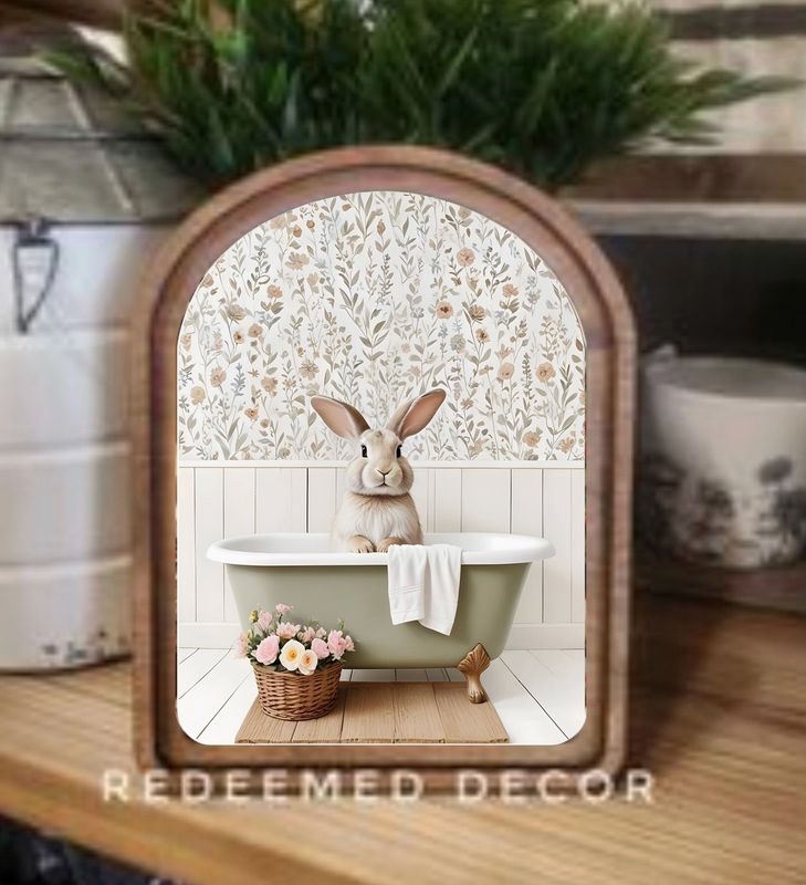 Arch Top Framed Art | Bunny in Tub 6x8