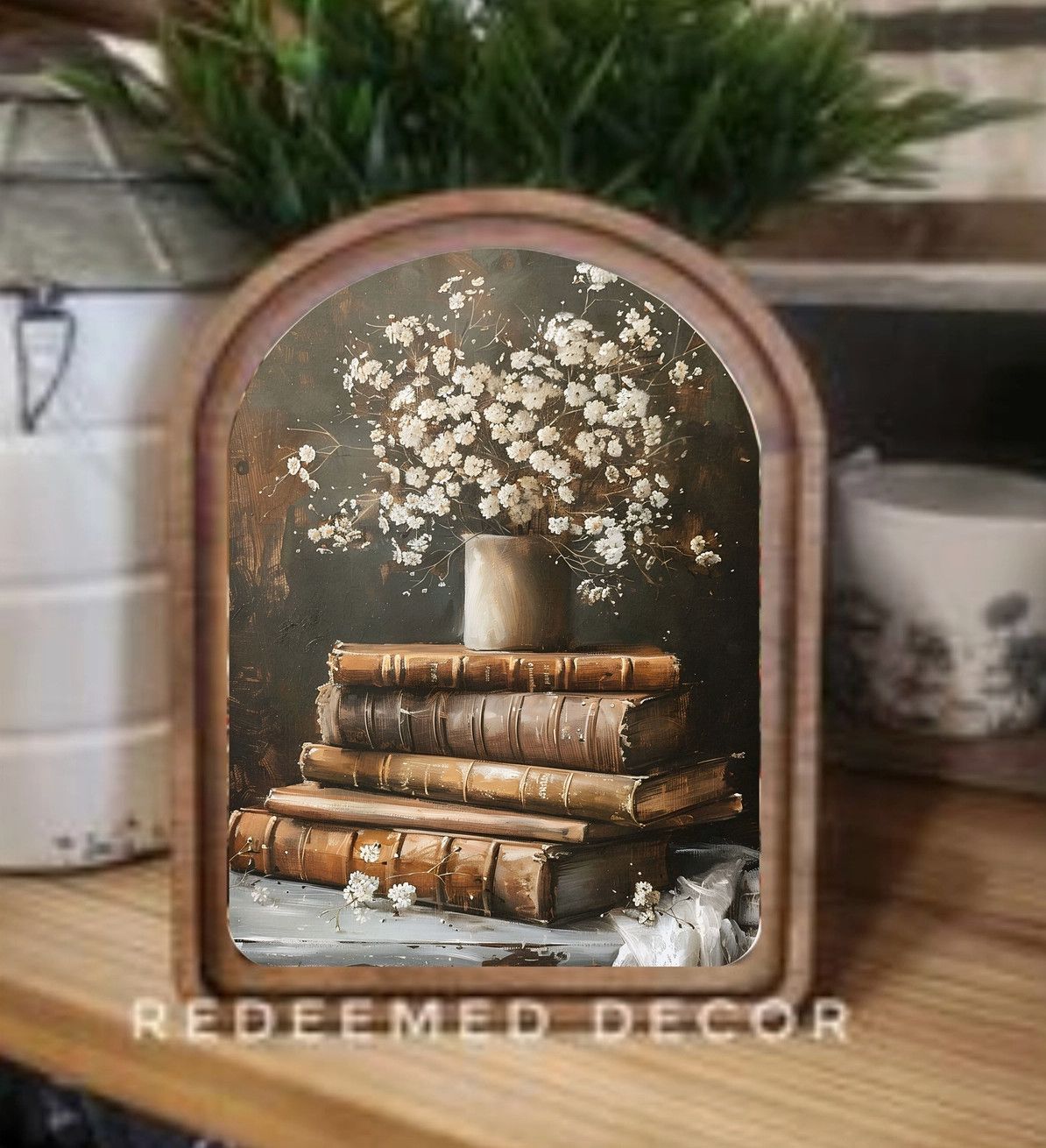 Arch Top Framed Art | Books with Flowers 6x8