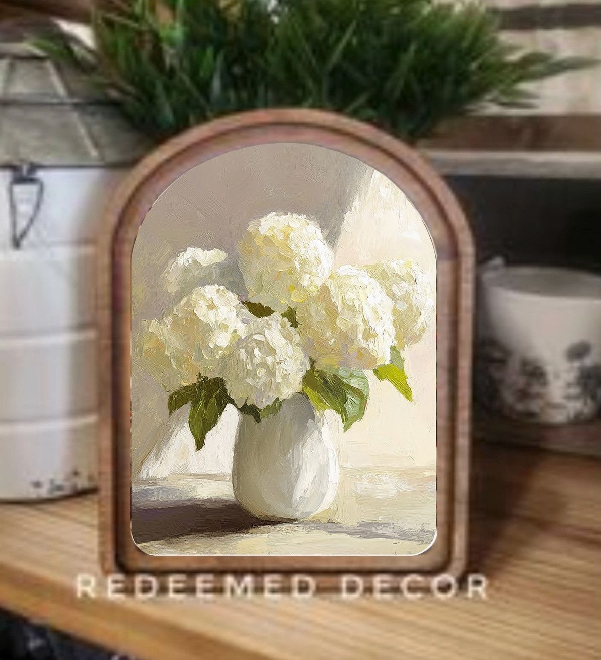 Arch Top Framed Art | Hydrangea Vase 6x8