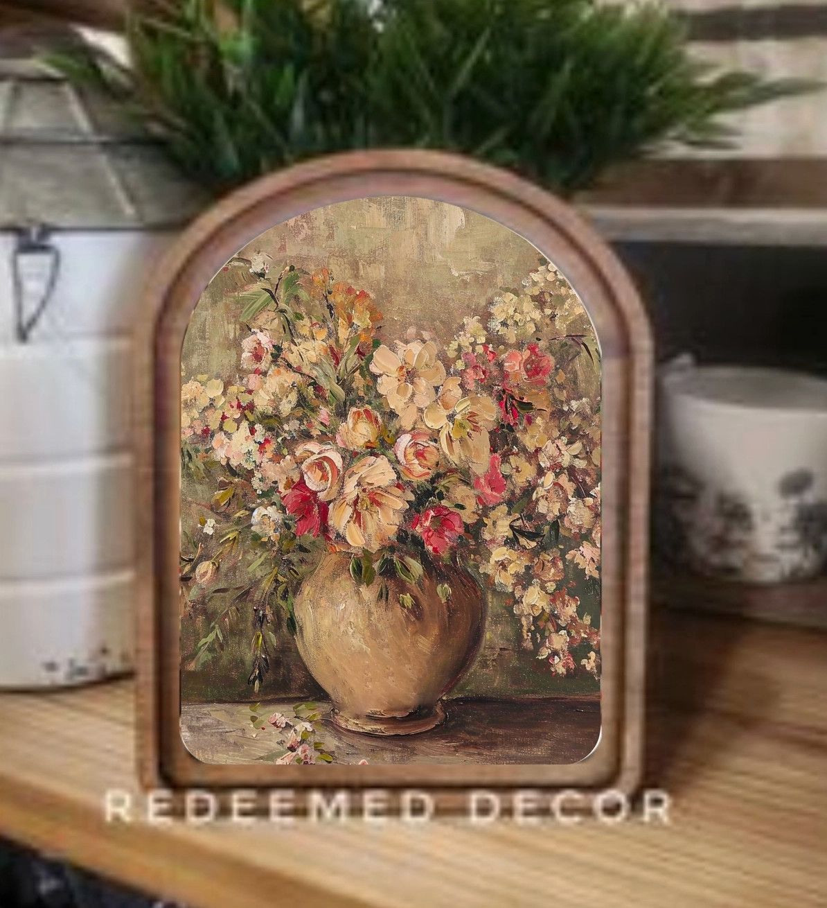 Arch Top Framed Art | Rustic Floral Vase 6x8