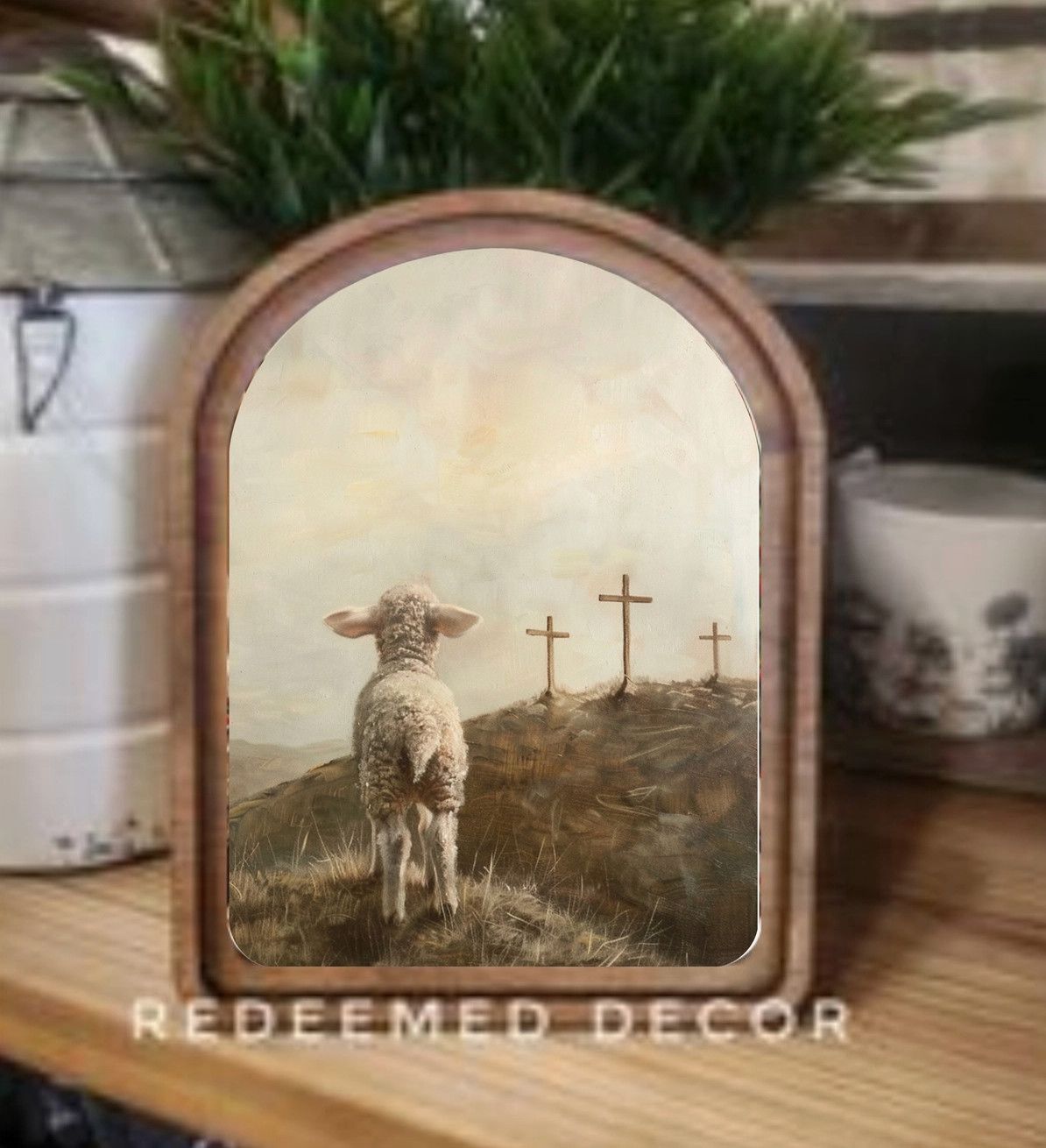 Arch Top Framed Art | 3 Crosses Lamb 6x8