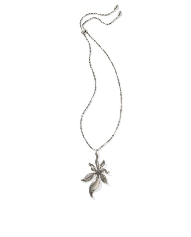 The Anya Flower Long Pendant Necklace in Vintage Silver