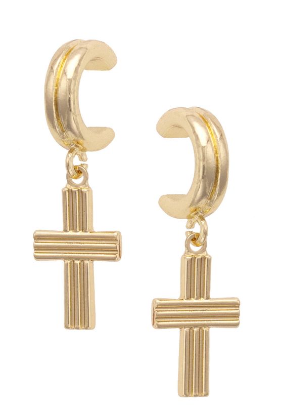 Felicia Ribbed Cross Drop Hoop Earrings in Shiny Gold