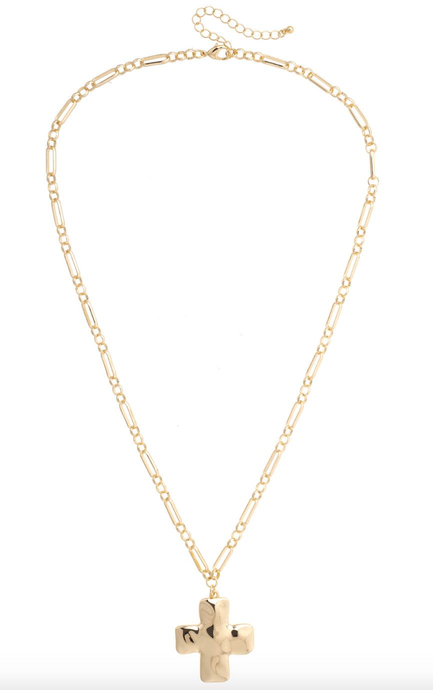 Haley Hammered Cross Necklace in Shiny Gold