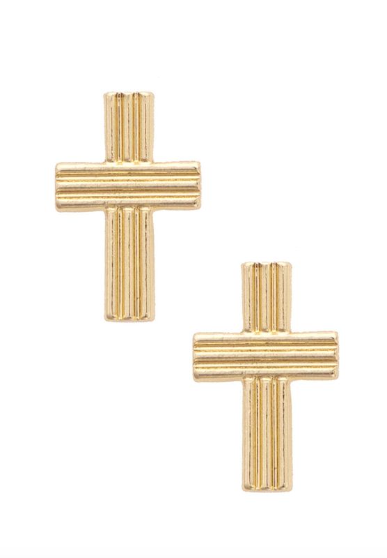 Felicia Ribbed Cross Stud Earrings in Shiny Gold