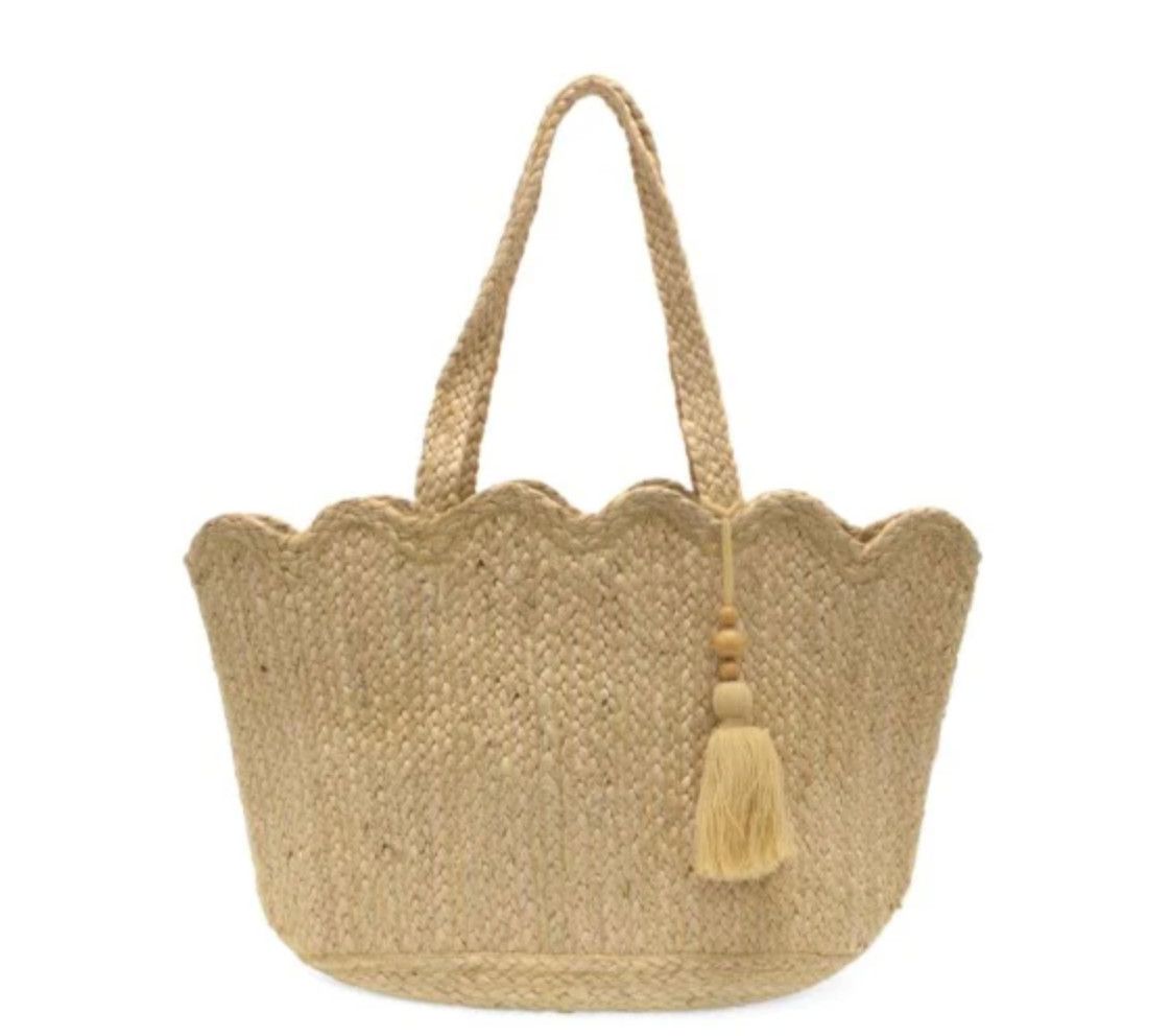 Jovi Scalloped Hem Jute Tote with Tassel