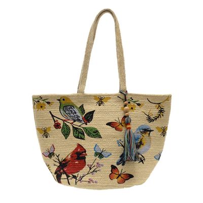Multi Painted Birds Avis Jute Tote with Tassel